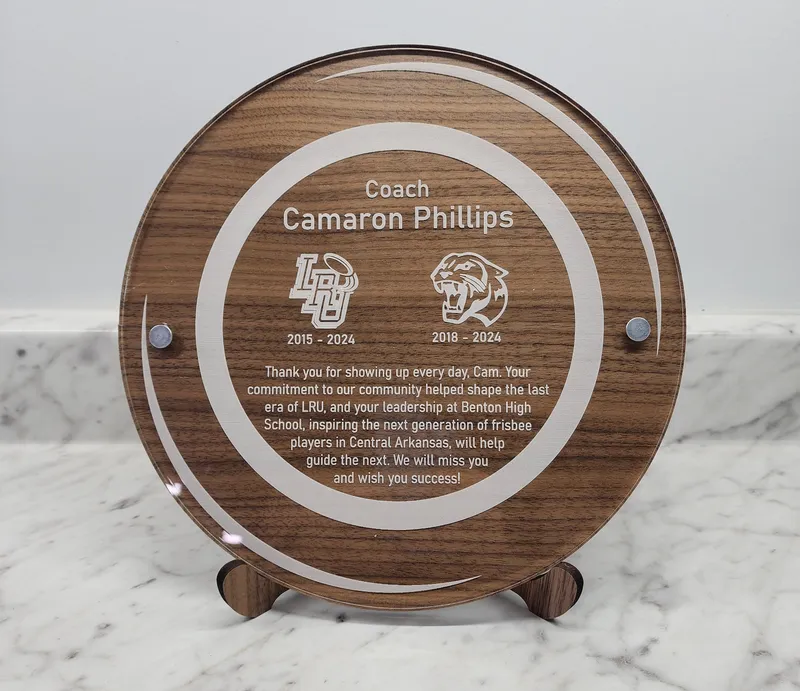 Walnut coach appreciation plaque on display stand