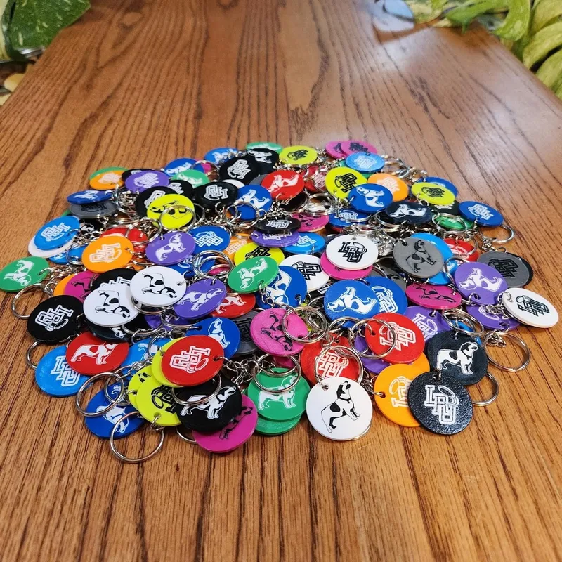 Large batch of colorful 3D-printed logo keychains with dog mascot and monogram designs